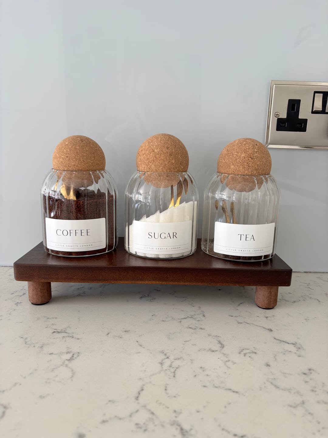 Customer photo review of Set of 3 Ribbed Cork Ball Glass Jars - Tea, Coffee and Sugar 500ml with Long Tray