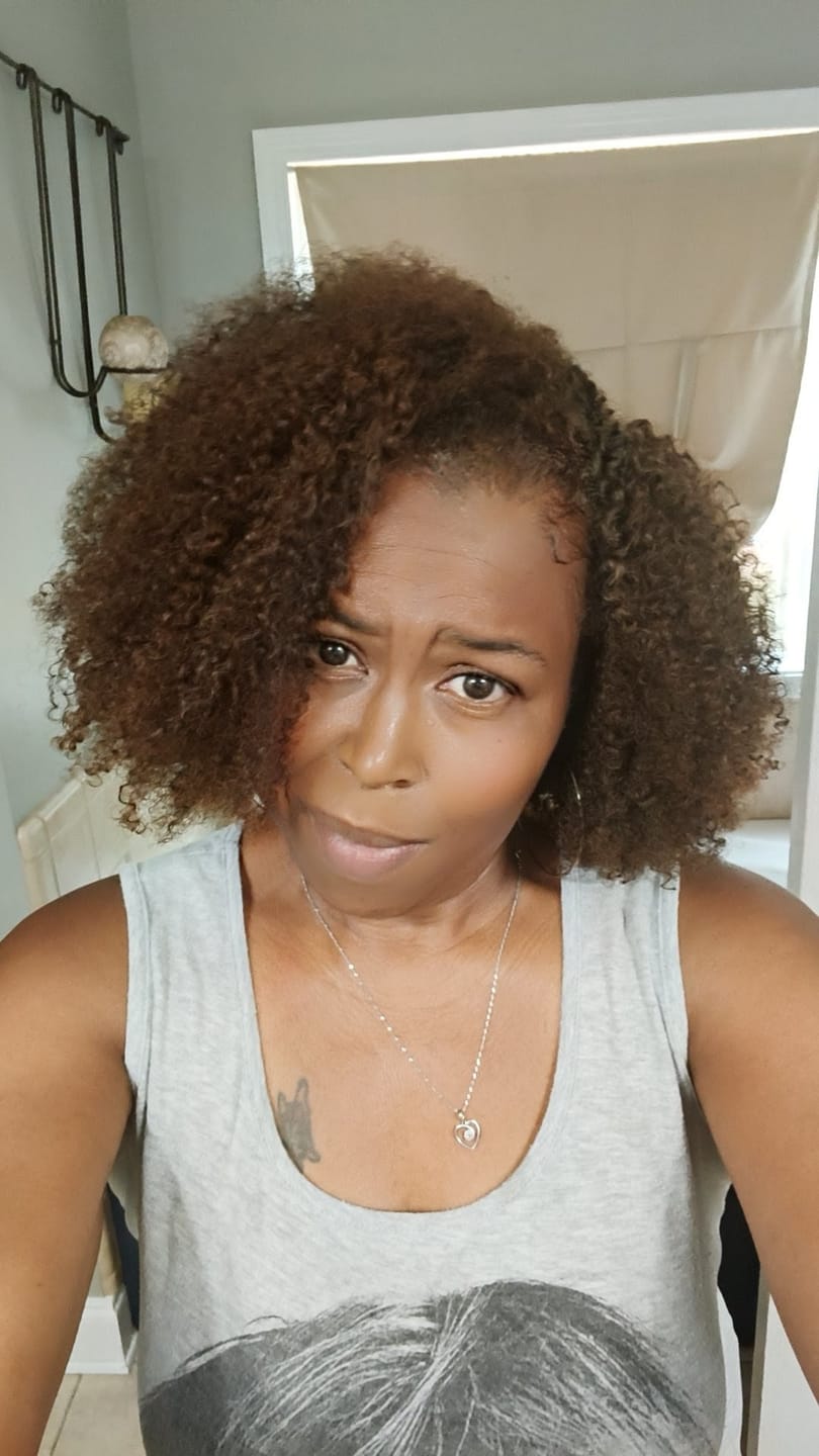 Customer photo review of #T1B/4 Medium Brown Multi-Textured Kinky Curly Human Crochet Hair with Dark Roots