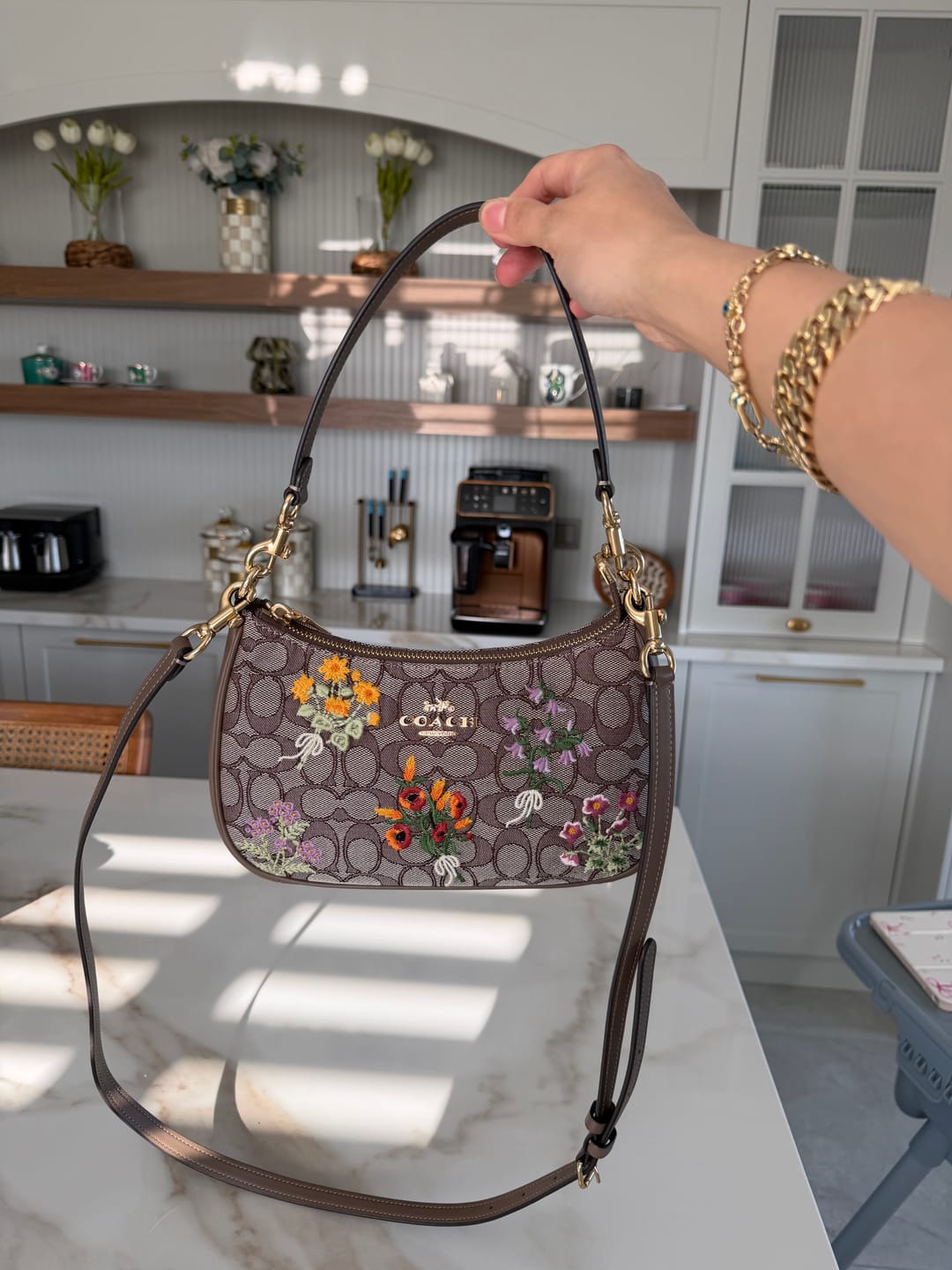 Customer photo review of Coach Women's Teri Shoulder Bag In Signature Jacquard With Floral Embroidery Gold/Oak Multi