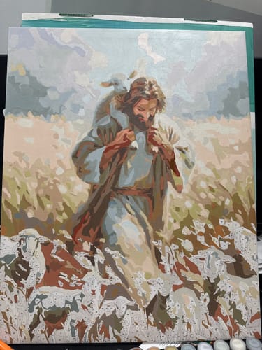 Reviewer's in-progress painting of The Good Shepherd with Lambs, showing painted and unpainted sections.