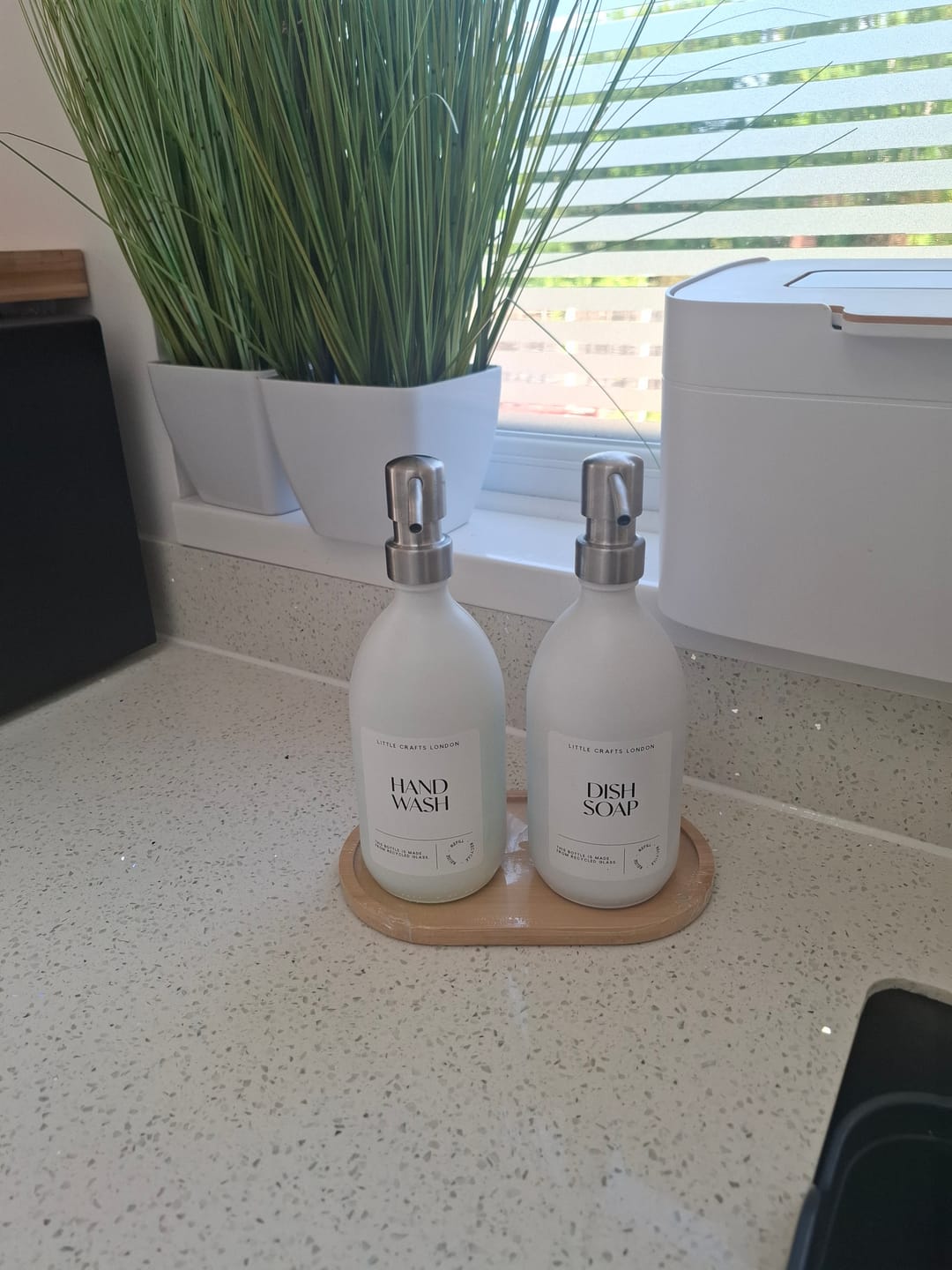 Customer photo review of Set of 2 Milky White Glass Bottle 500 ML with Metal Pump & Small Tray (White Label)