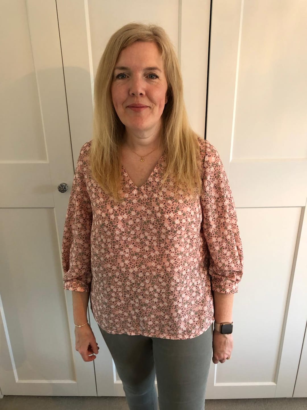 Customer photo review of Khaki and White on Peach Crepe Fabric
