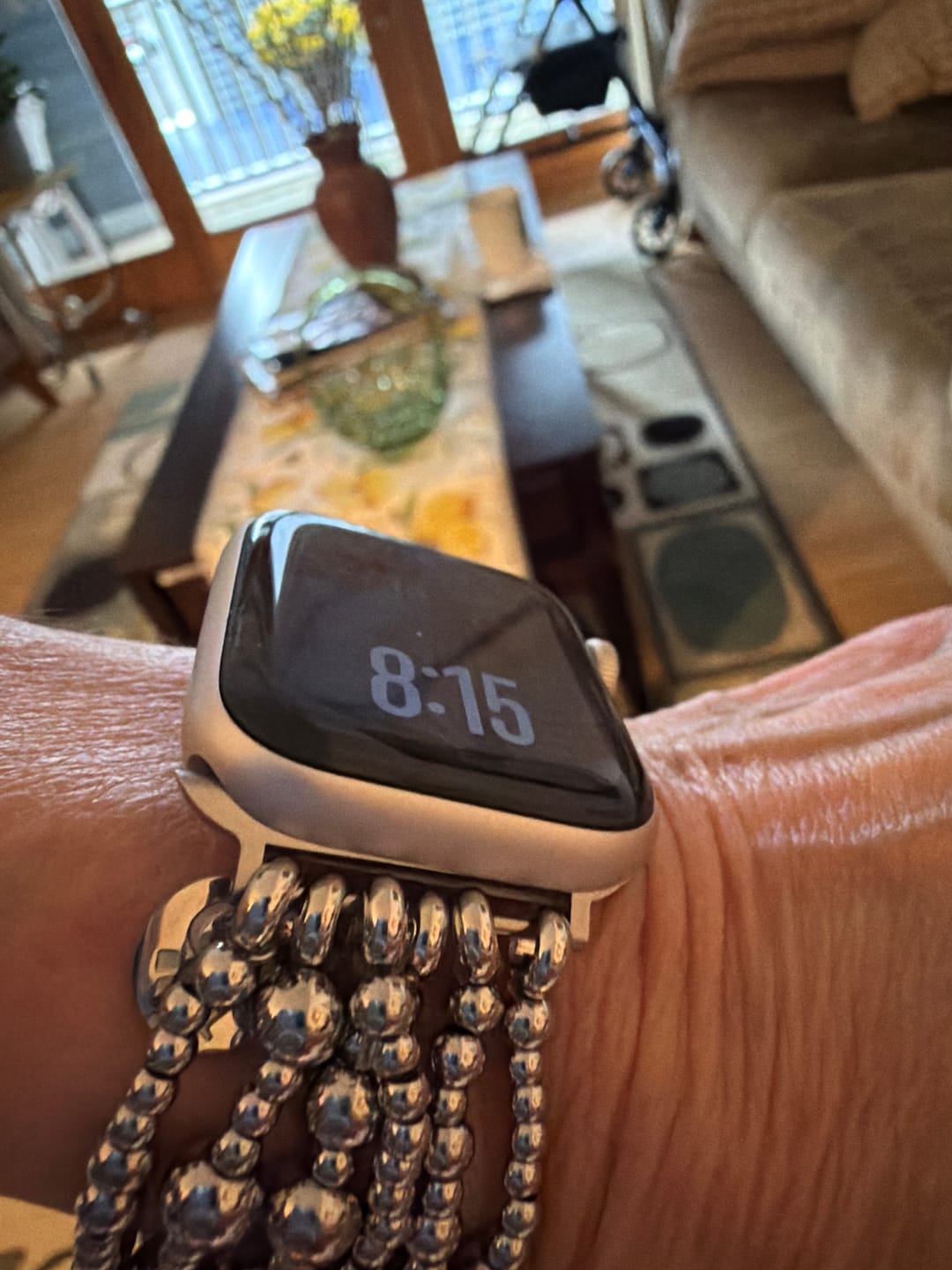 Customer photo review of Platinum Demure Stretch Apple Watch Strap