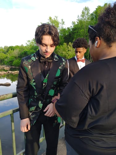 Customer photo review of Men's 2-Piece Forest Green Tuxedo Embroided Bird and Flower