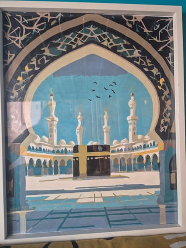Customer's finished Majestic Mosque with Kaaba paint by numbers artwork, displayed in a white frame.