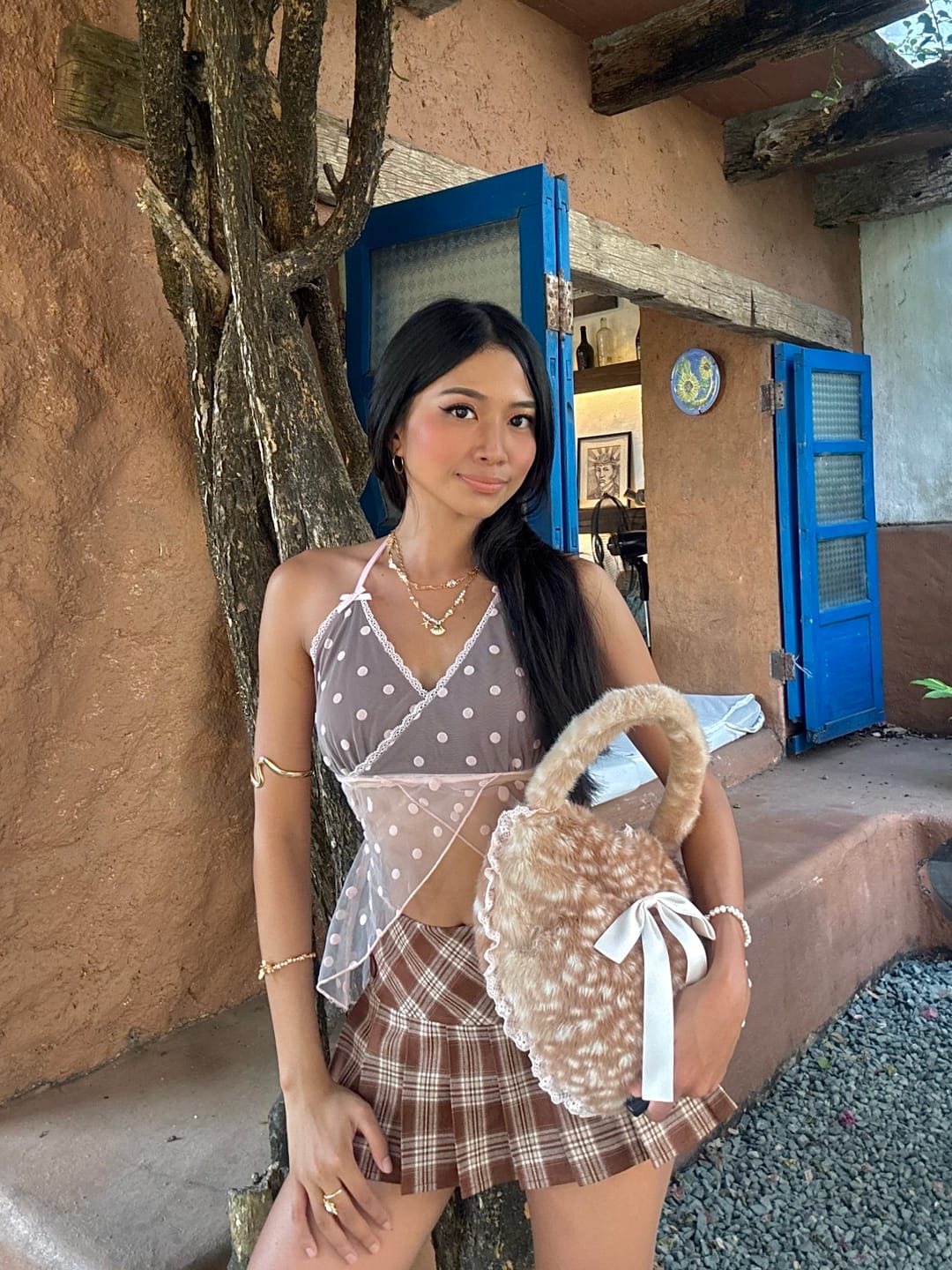 Customer photo review of Girly Plaid Pleated Mini Skirt (Brown)