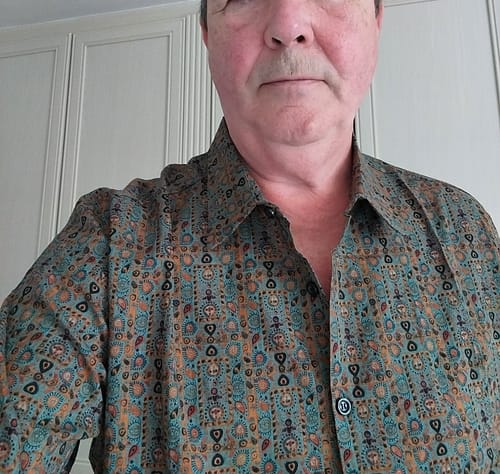 Customer photo review of Men's Vintage Paisley Print 70s Button Up Brown Boho Retro Tribal Short Sleeve Shirt
