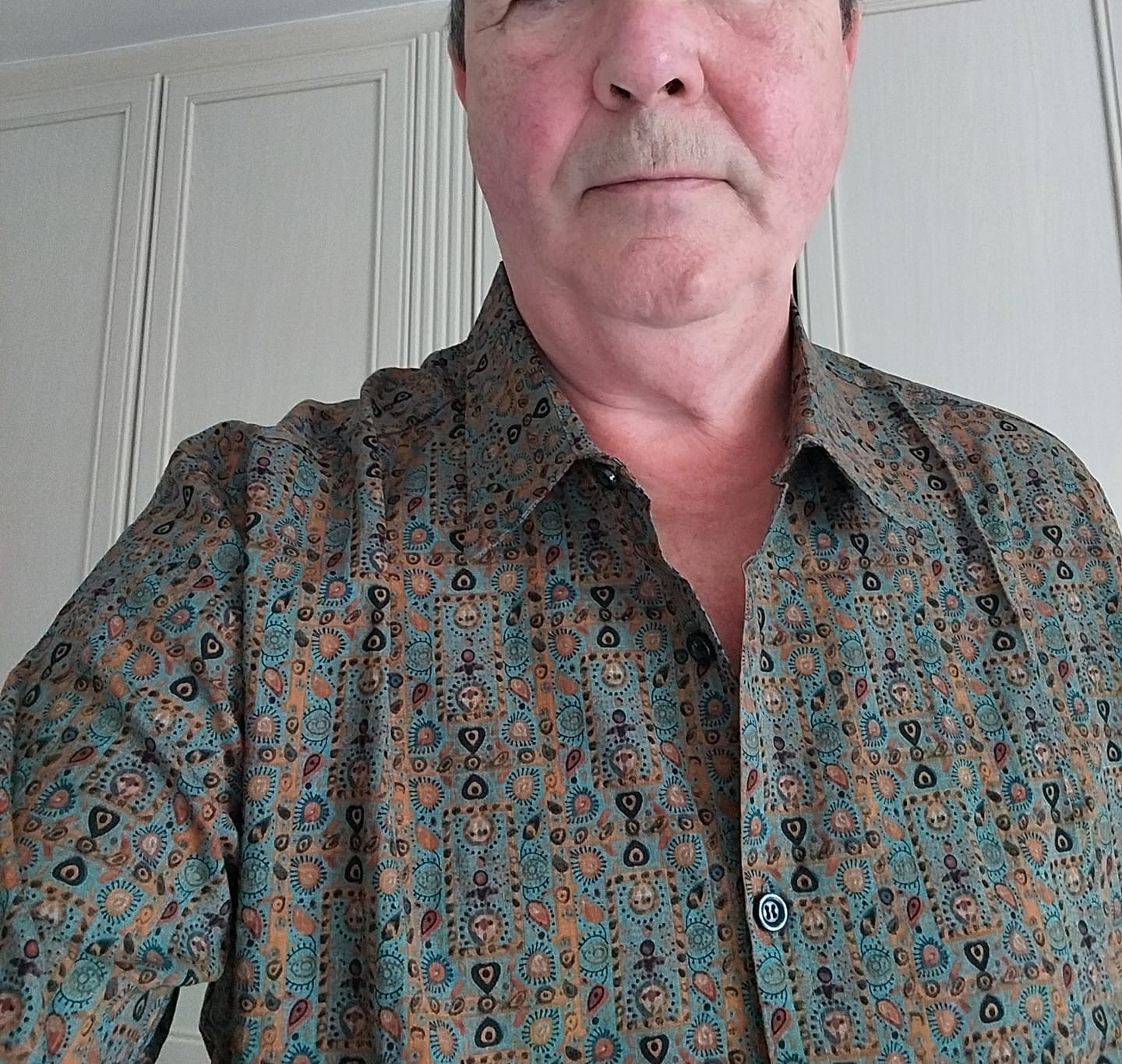 Customer photo review of Men's Vintage Paisley Print 70s Button Up Brown Boho Retro Tribal Short Sleeve Shirt