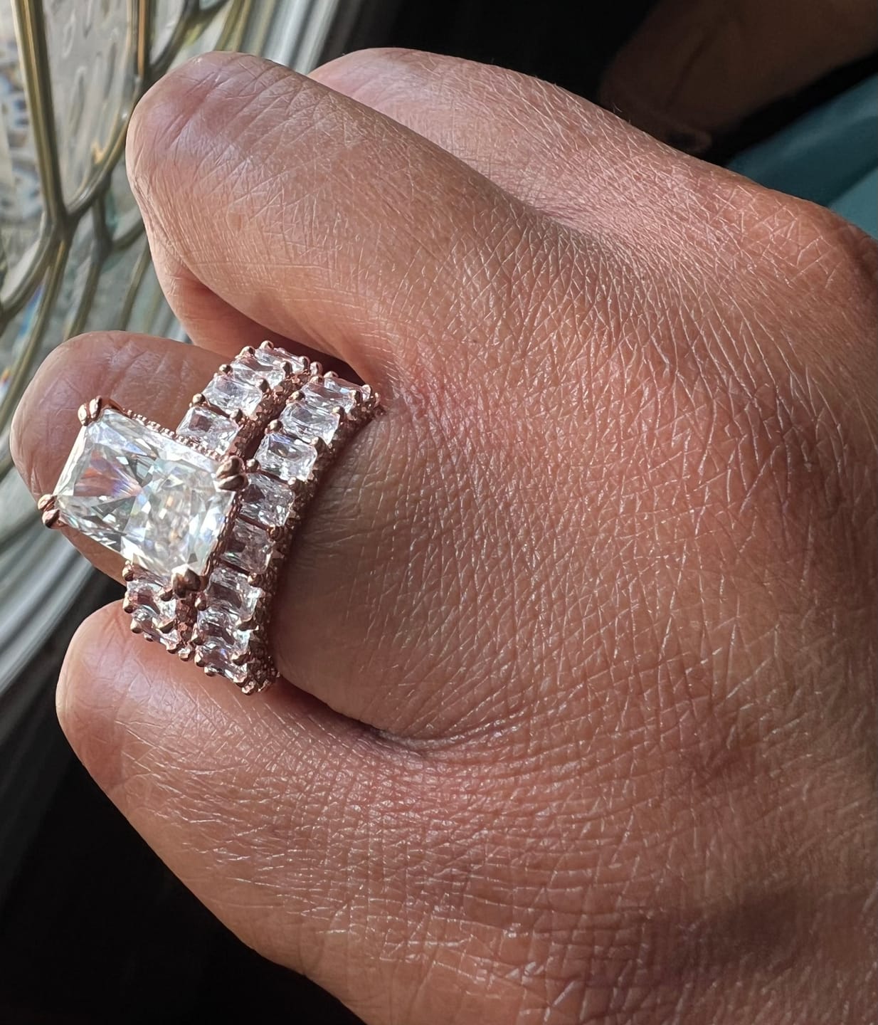 Customer photo review of Glistening-hued Radiant Cut 5.0ct Pave 925 Sterling Silver Wedding Ring Set