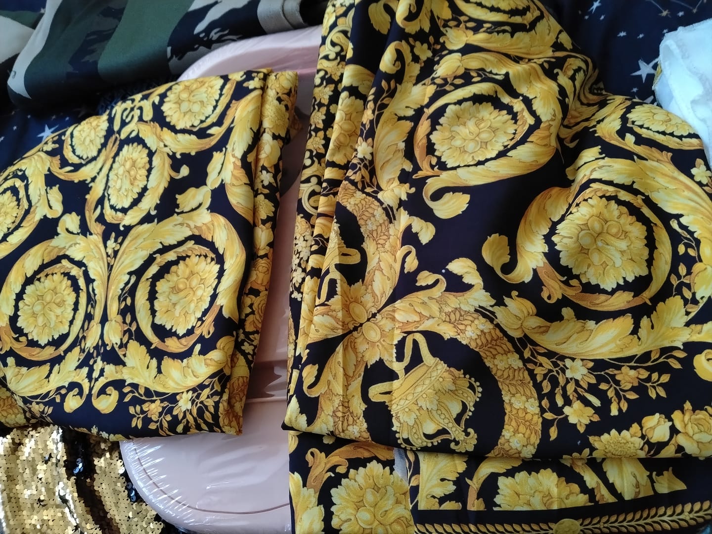Customer photo review of Gold Baroque Medallion Moss Crepe Fabric by the Metre