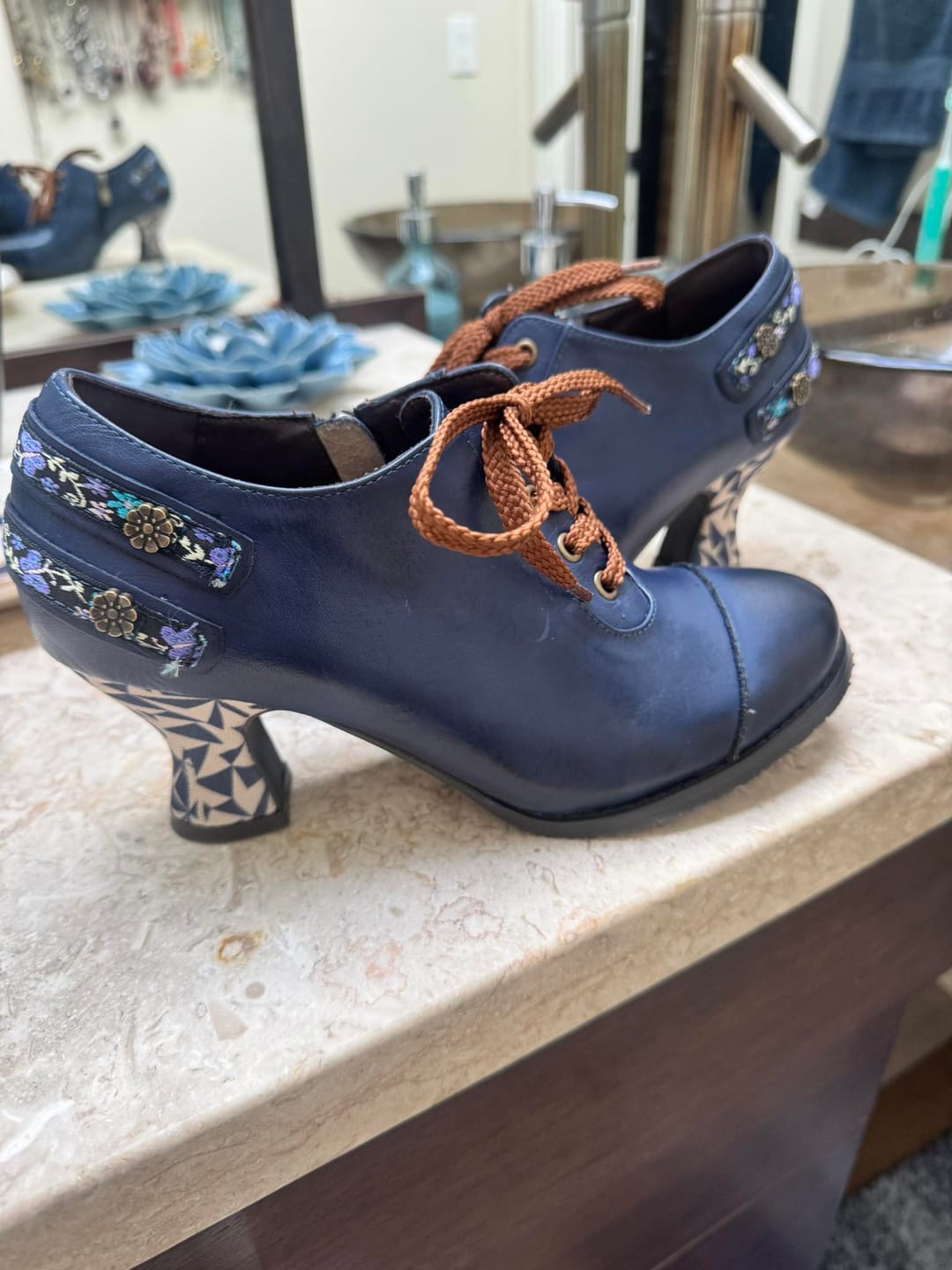 Customer photo review of Floral Embossed Lace-Up Heels