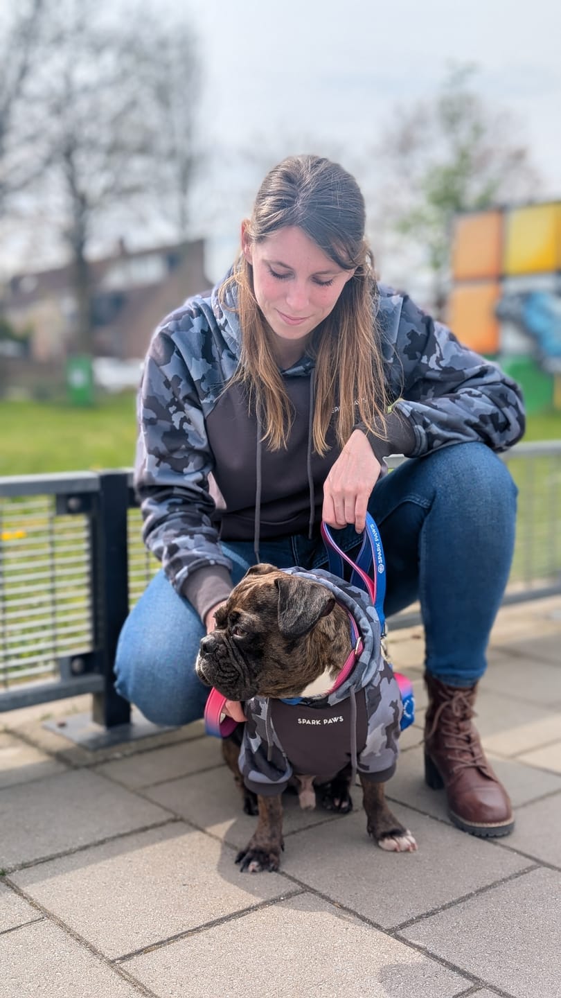 Customer photo review of Grey Camo Dog Hoodie