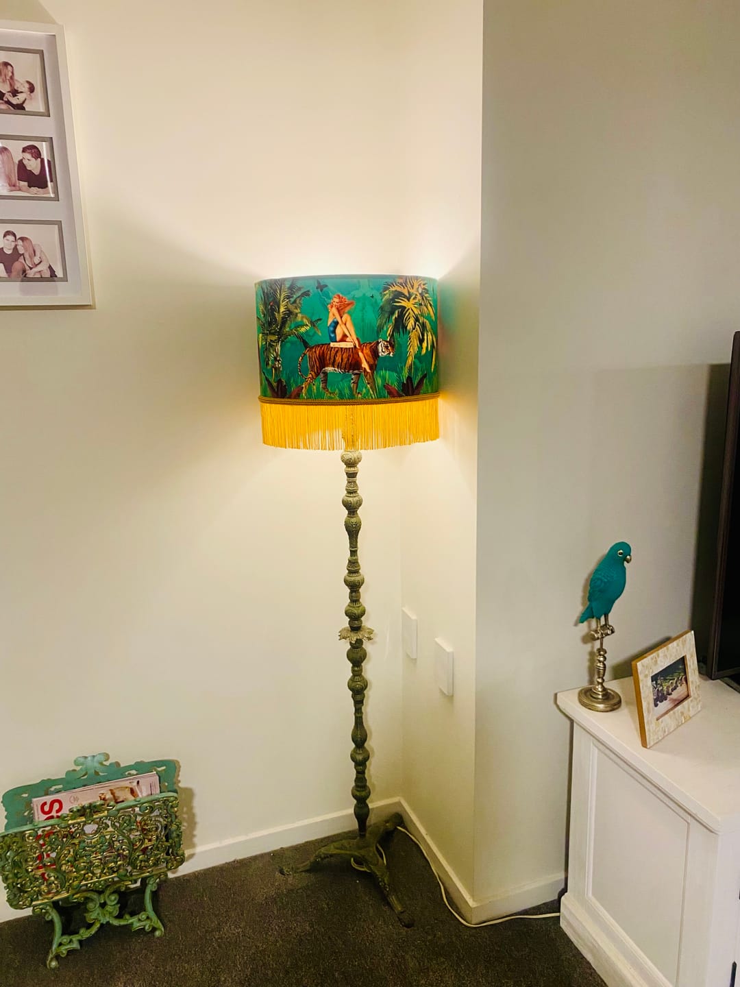 Customer photo review of Queen K Jungle Walk Green Tassel Fringed Drum Lampshade