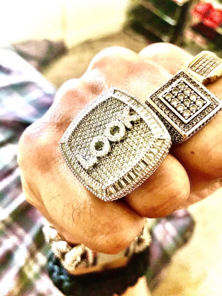 Customer photo review of Custom Diamond 3D Iced-Out Letter Ring – 28mm
