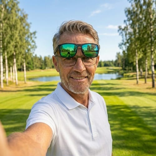 En recensent som ler på en golfbana och har på sig Hovdagolf™-solglasögonen.