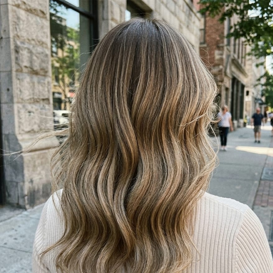 Customer photo review of Virgin Flat Silk Weft Hair Extensions Balayage Brown #4/27/4