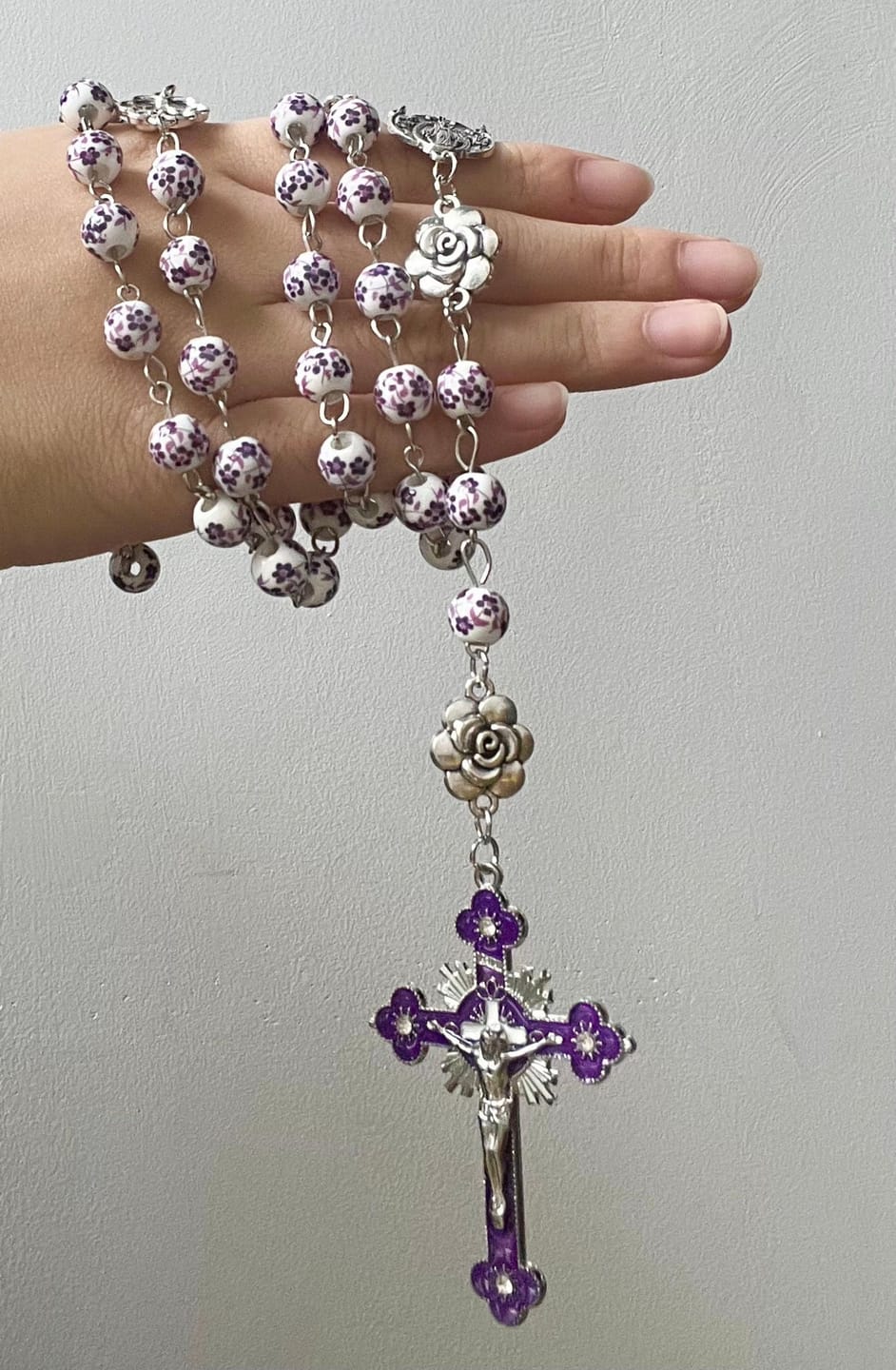 Customer photo review of SolaceBeads Violet Blossom Ceramic Rosary: A Tapestry of Divine Grace