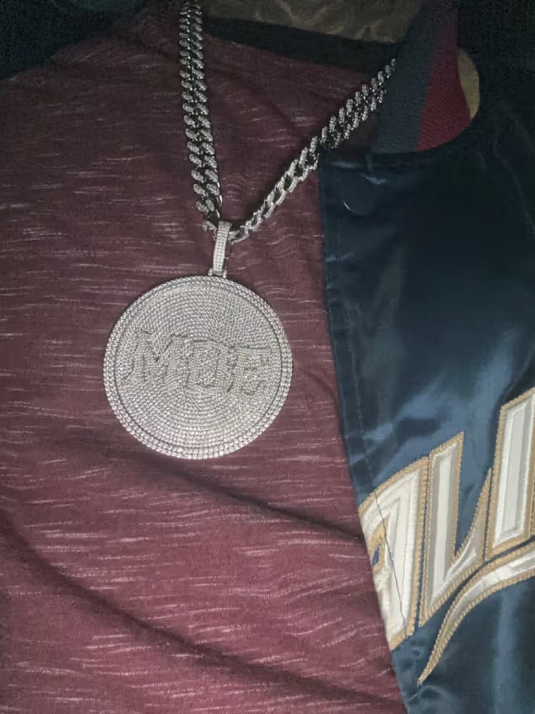 Customer photo review of Iced-Out Diamond Custom Letter 3D Large Disc Pendant – 80mm