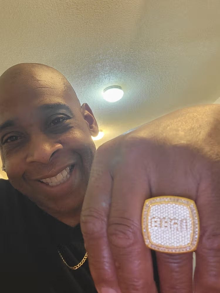 Customer photo review of Custom Diamond 3D Iced-Out Letter Ring – 28mm
