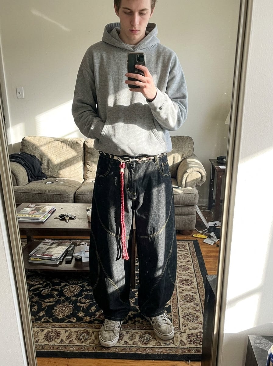 Customer photo review of Denim Retro Belt Detail With Patchwork Barrel Jeans - 2490