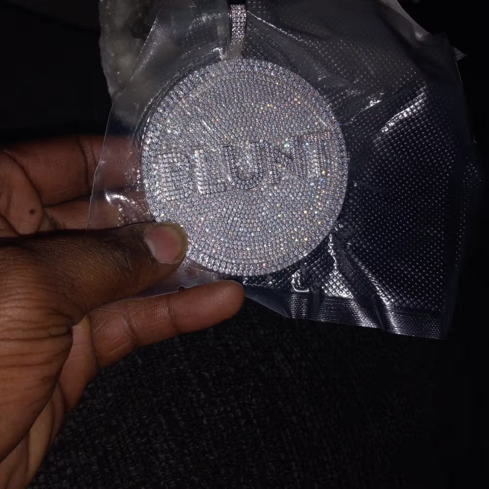 Customer photo review of Iced-Out Diamond Custom Letter 3D Large Disc Pendant – 80mm