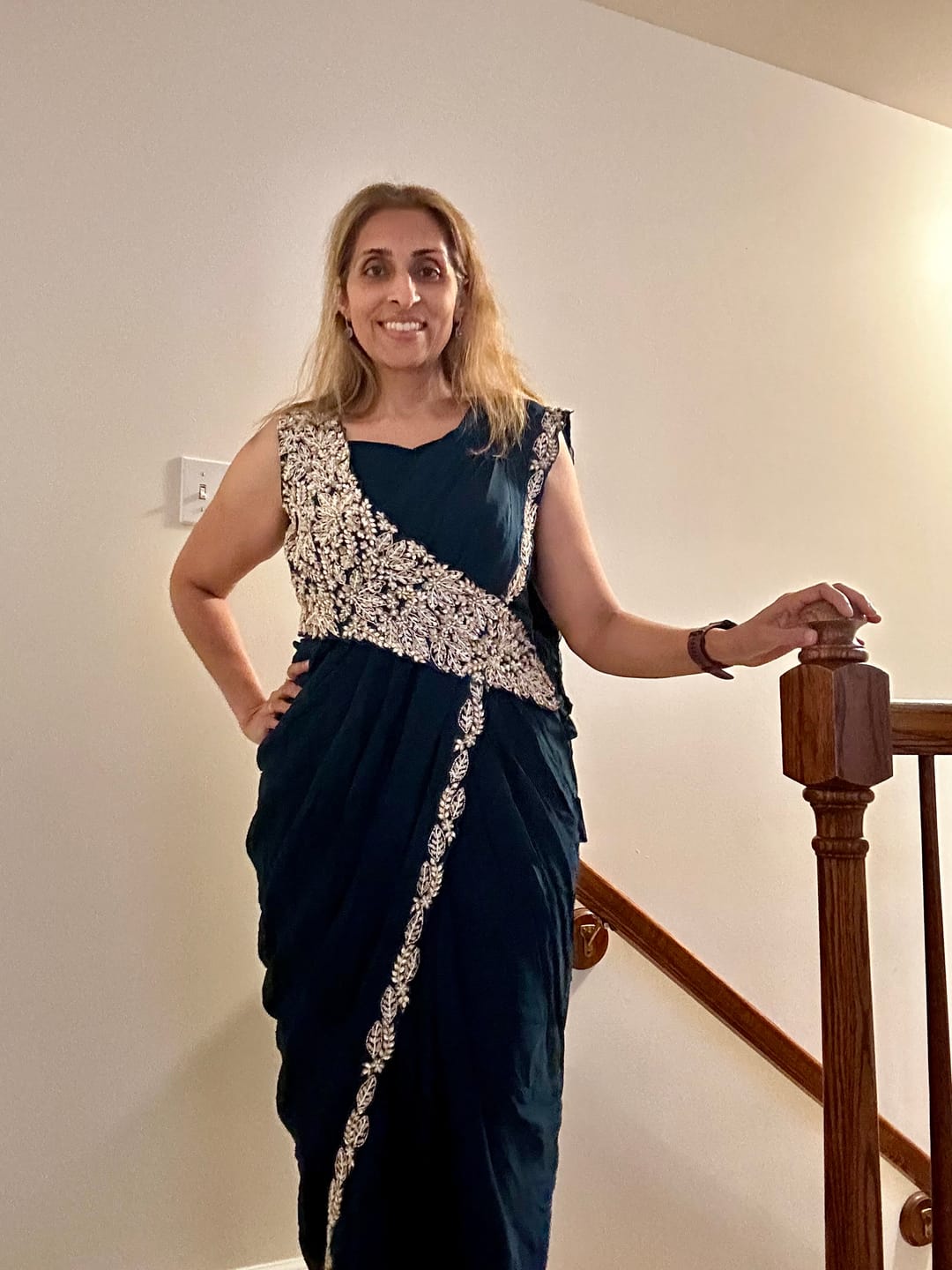 Customer photo review of Midnight Teal Hand-Crafted Draped Saree  Set | Label S4U