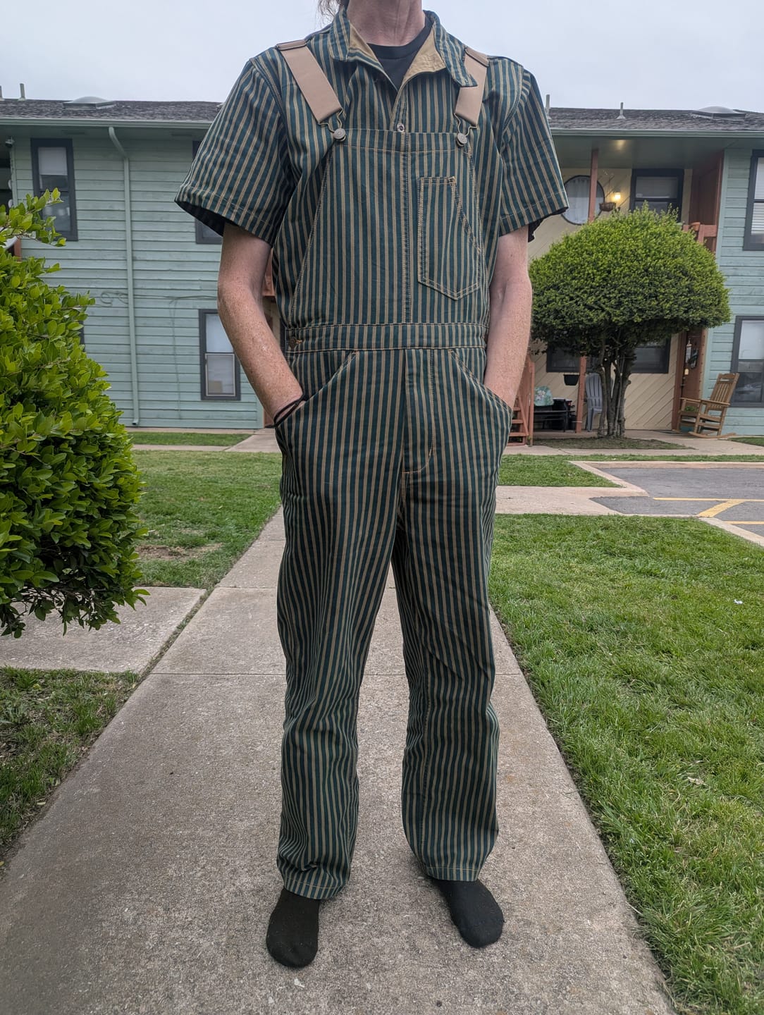 Customer photo review of [Pre-Order] “STAY TRUE” Embroidered Patch Two-Tone Striped Overalls
