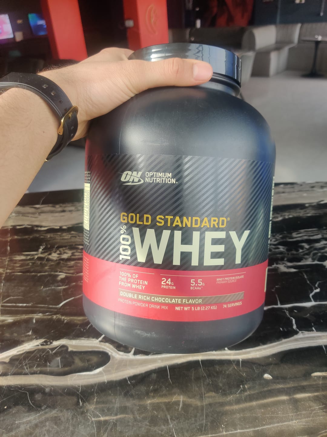 Customer photo review of Optimum Nutrition Gold Standard 100% Whey Protein Powder - 24g Protein - Double Chocolate 5 LB - 74 servings