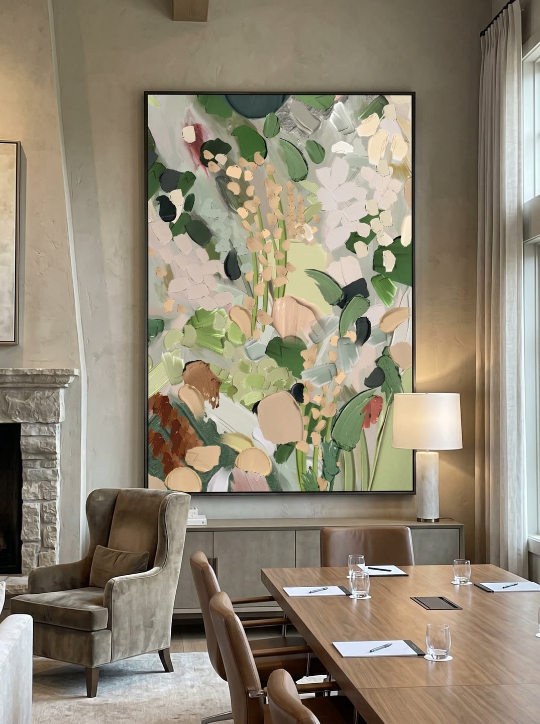 Customer photo review of The Secret Garden – Modern Sage Green Impasto Floral Painting | Organic Living Room Vertical Canvas Art