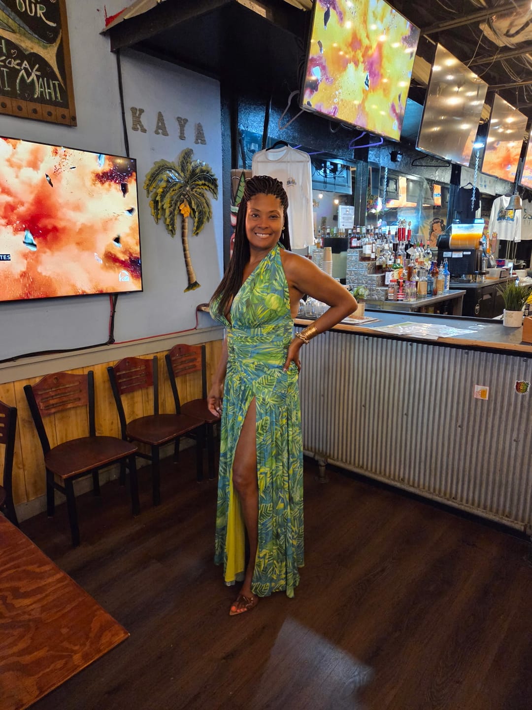 Customer photo review of Capri Halter Tropical Print Maxi Dress - Lime Green