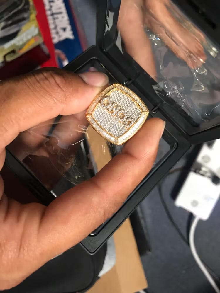 Customer photo review of Custom Diamond 3D Iced-Out Letter Ring – 28mm