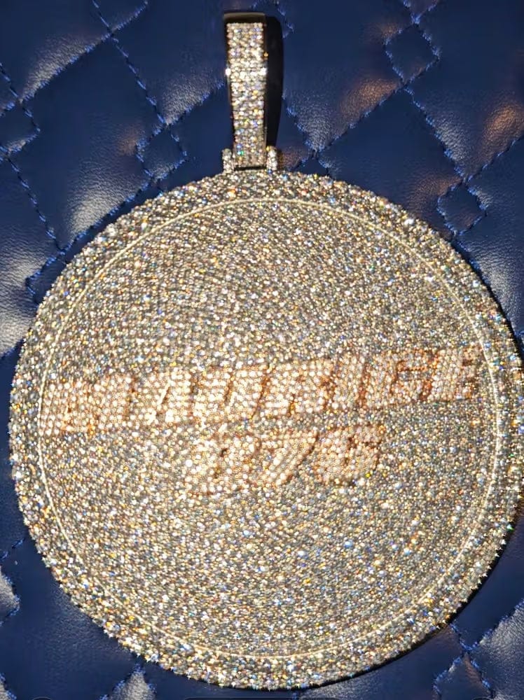 Customer photo review of Iced-Out Diamond Custom Letter 3D Large Disc Pendant – 80mm