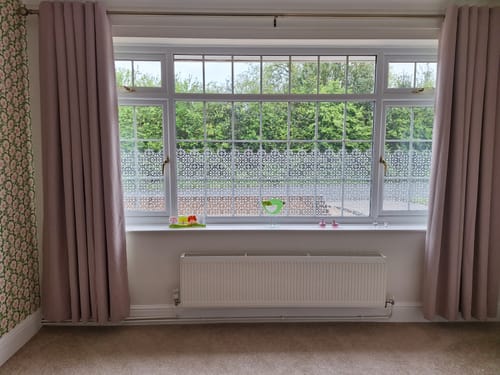Customer photo review of Zamora Trellis Clear Window Privacy Border (Clear)