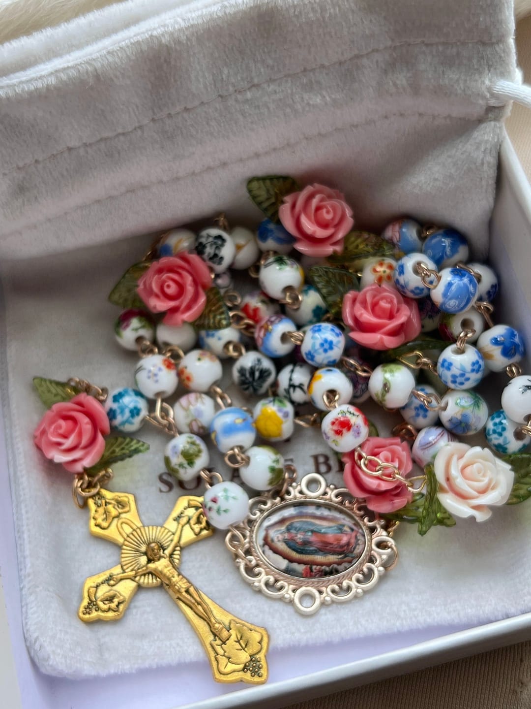 Customer photo review of SolaceBeads Vintage Mixed Floral Ceramic Rosary With Guadalupe & Crucifix: Timeless Garden