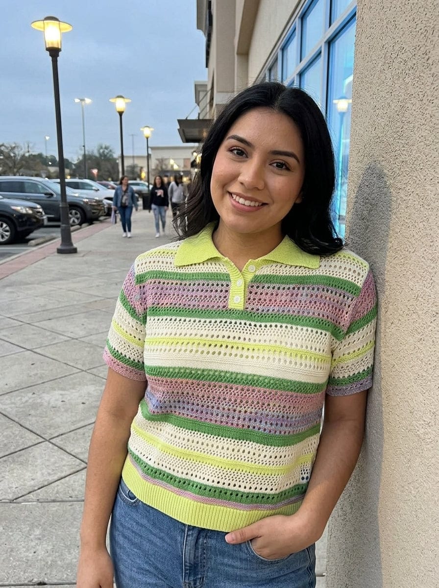 Customer photo review of Pastel Striped Crochet Knit Short Sleeve Polo Shirt