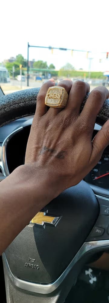 Customer photo review of Custom Diamond 3D Iced-Out Letter Ring – 28mm