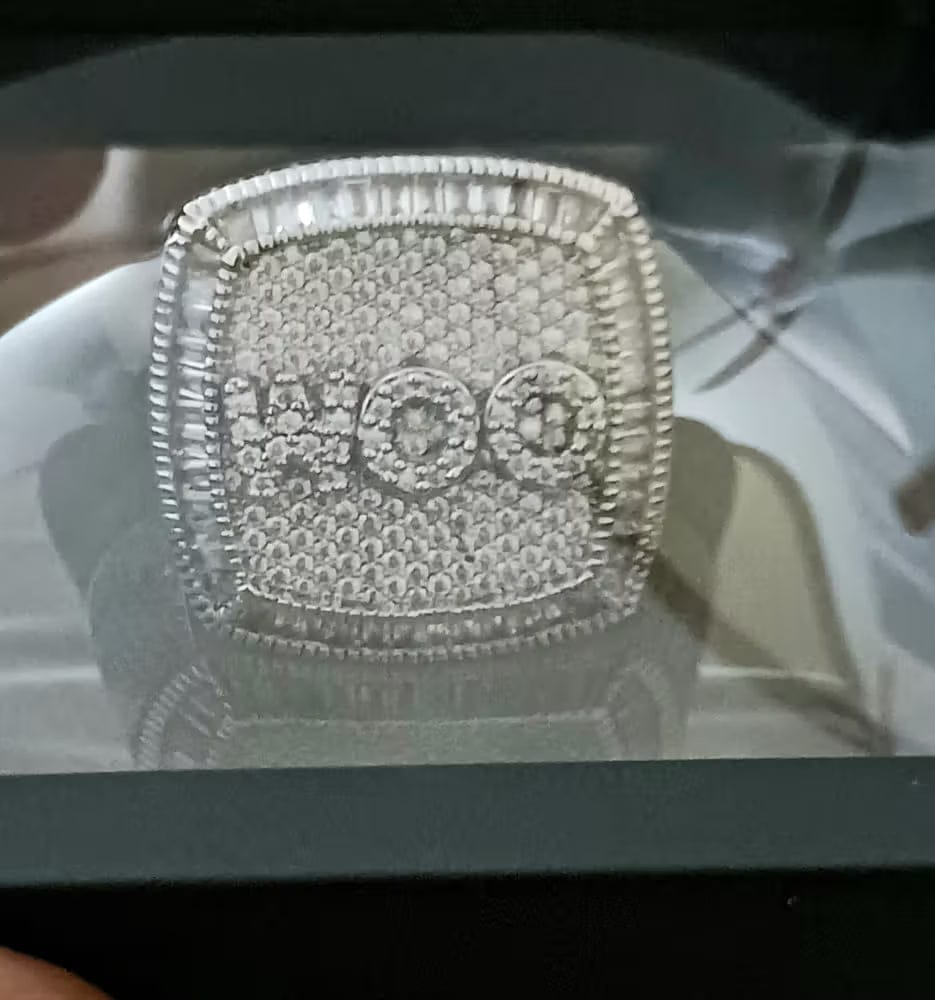 Customer photo review of Custom Diamond 3D Iced-Out Letter Ring – 28mm