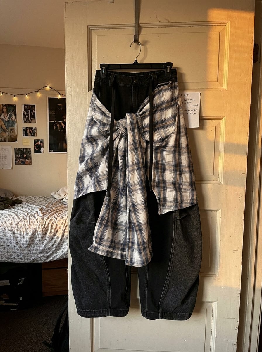 Customer photo review of Denim Faux Two-piece Plaid Detachable Scimitar Jeans - 2435