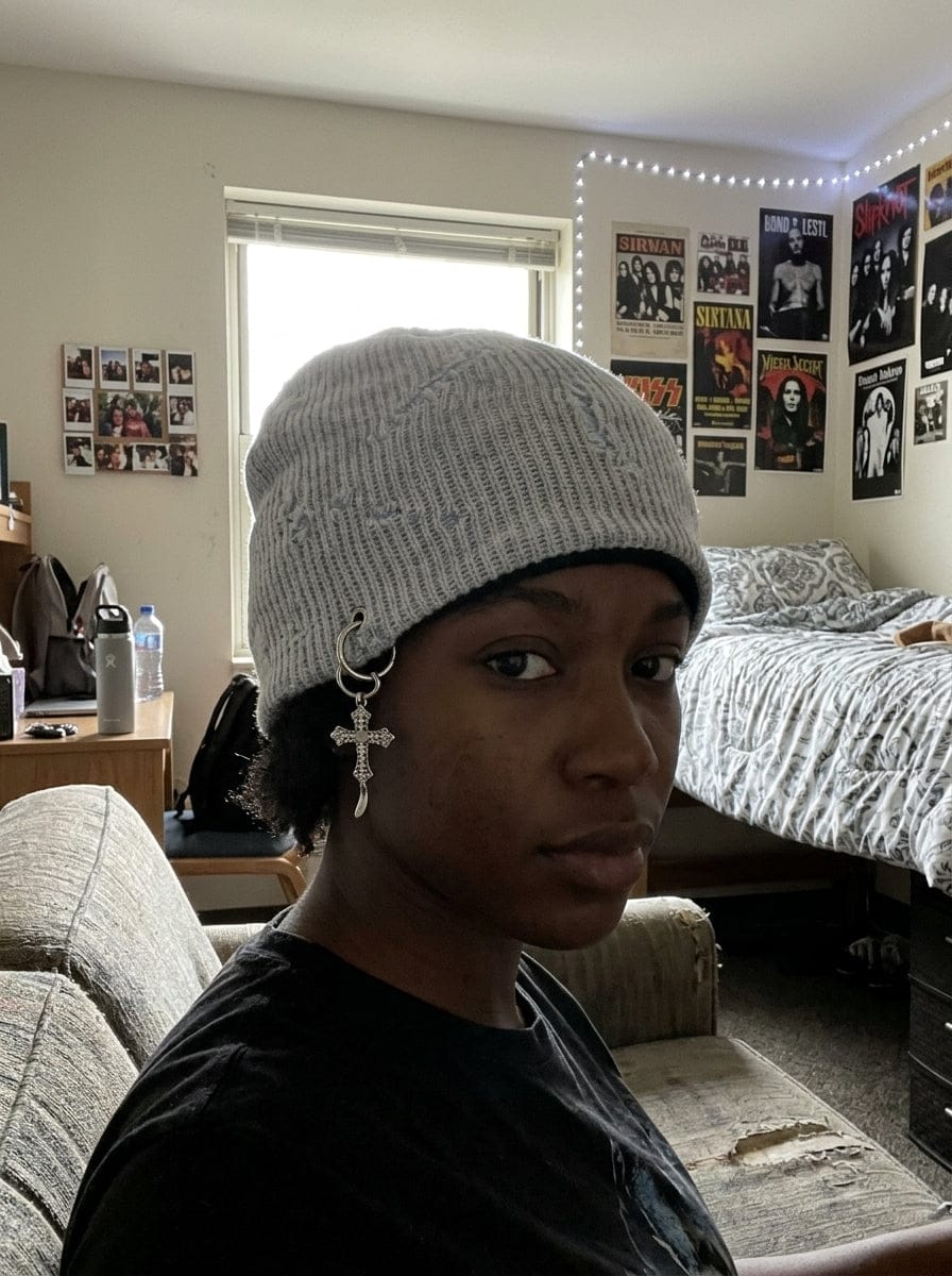 Customer photo review of Retro Wasteland Style Distressed Knit Hanging Charm Beanie