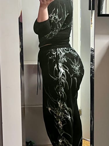 Customer photo review of Women's Eternal Flame Rhinestone Oversized Sweatpants [VOID BLACK]