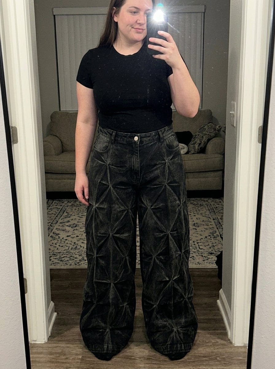 Customer photo review of Denim Heavy Washed Distressed Pleated Baggy Jeans - 2282