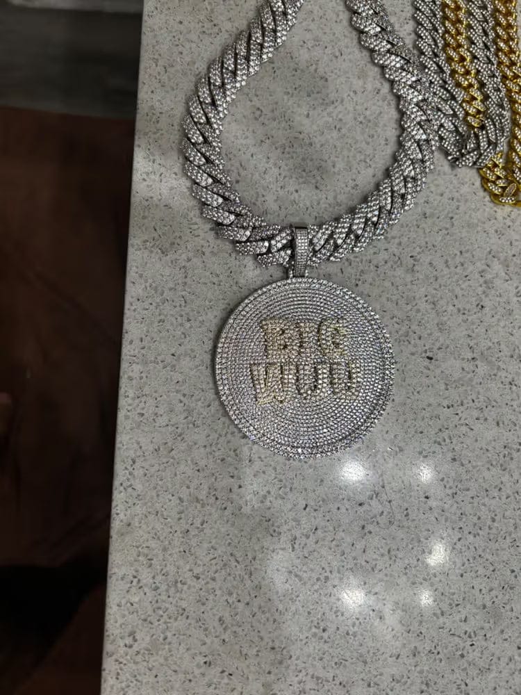 Customer photo review of Iced-Out Diamond Custom Letter 3D Large Disc Pendant – 80mm