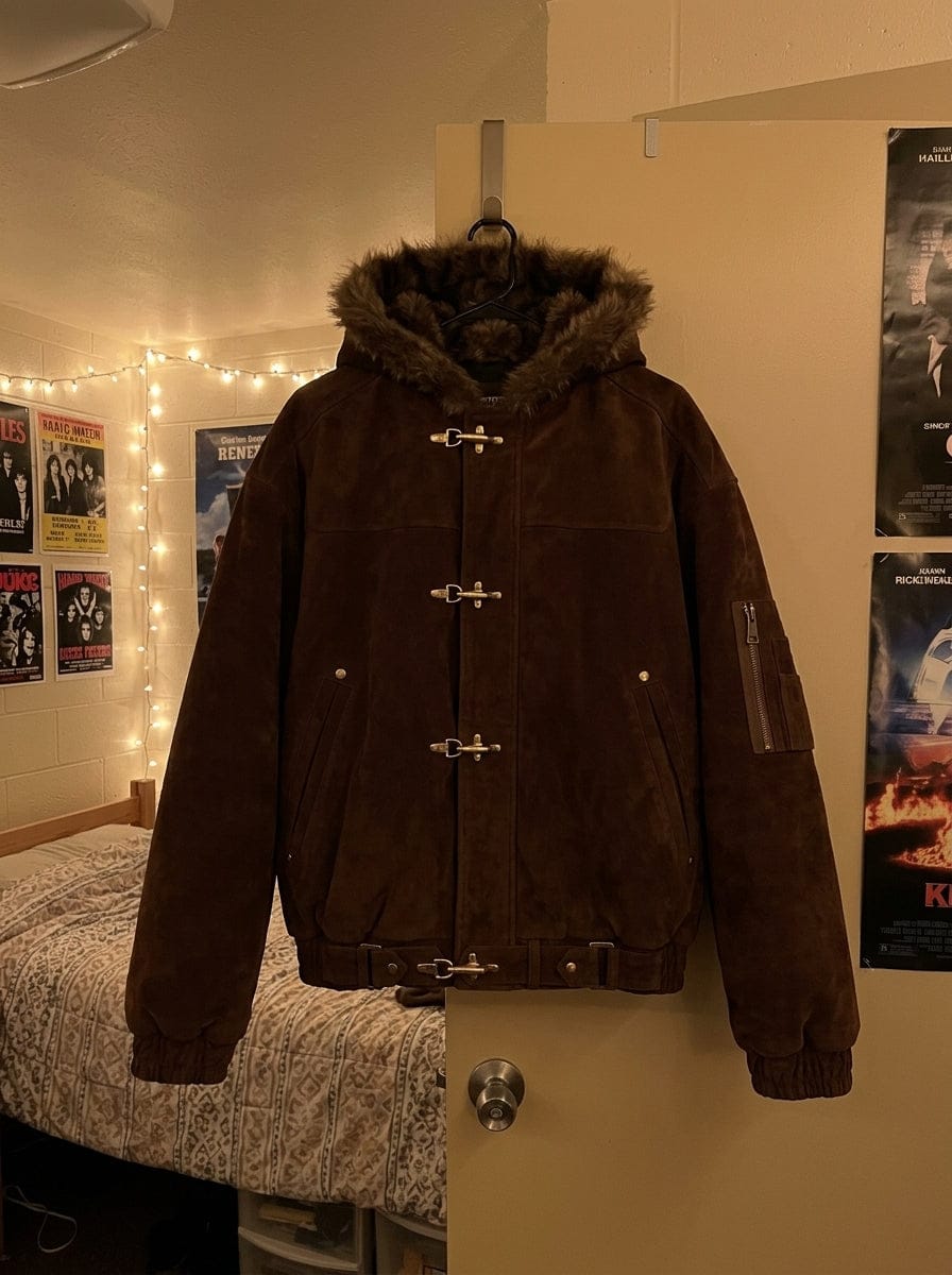 Customer photo review of Streetwear Metal Clip Faux Fur Hooded Suede Bomber Jacket - 2597