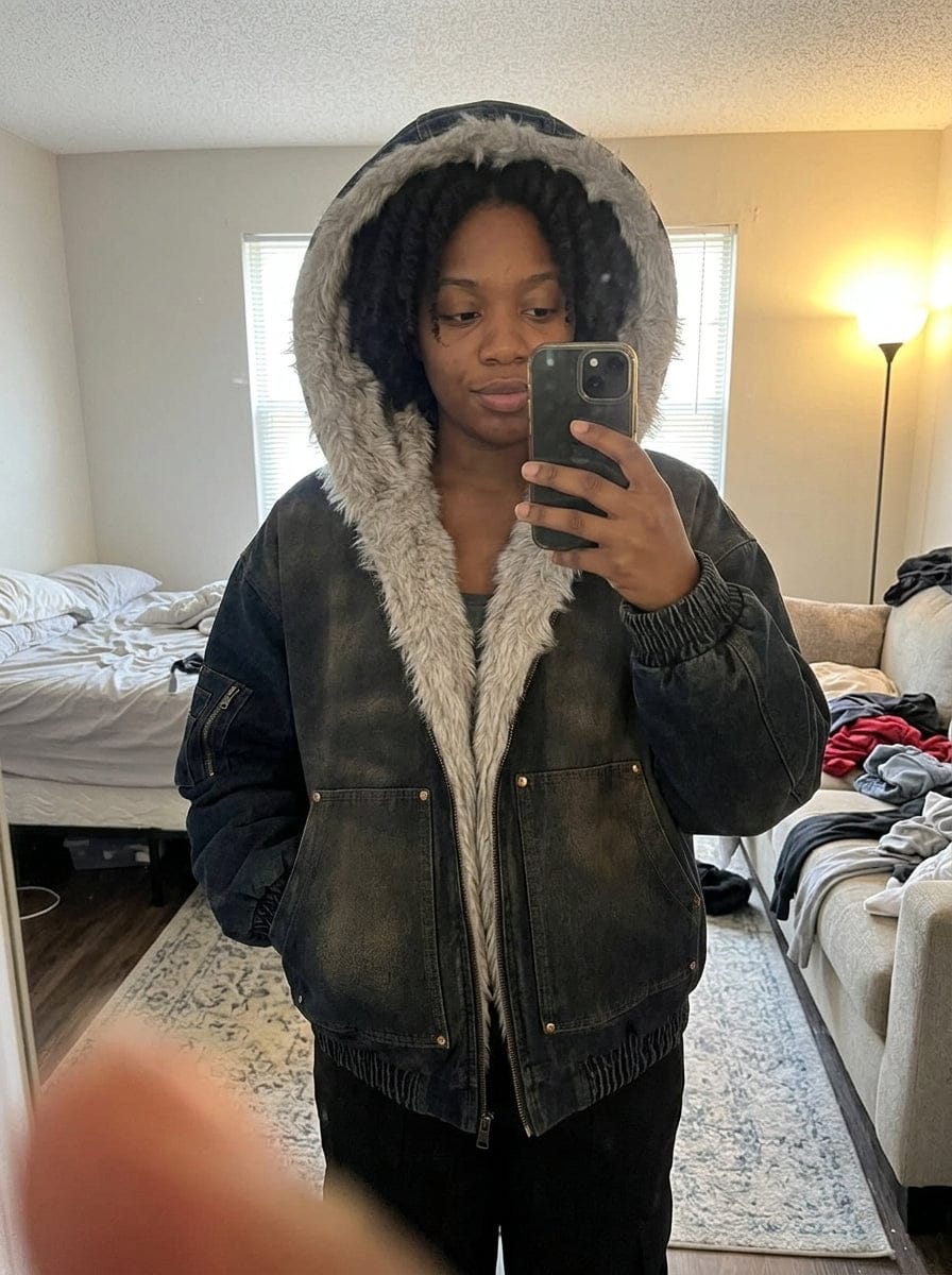 Customer photo review of Cotton Washed Fur Hooded Jacket - 2265