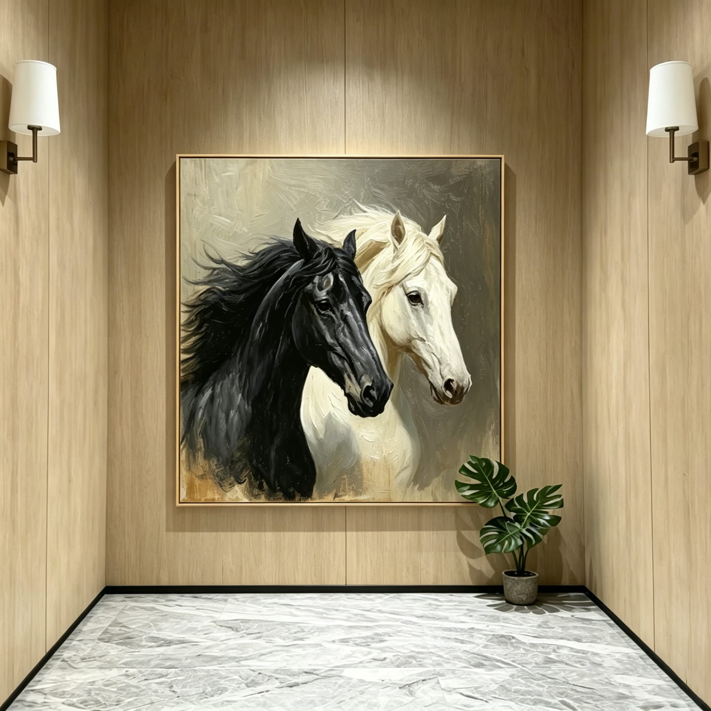 Customer photo review of Quiet Companions - Black and White Horse Canvas Art