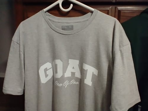 Customer's grey Goat Tee with the white logo, hanging on a hanger.