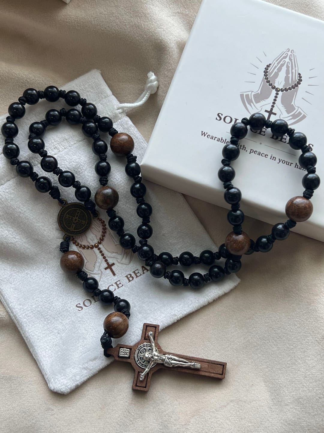 Customer photo review of SolaceBeads Black Sacred Ebony Beads with St. Benedict Centerpiece Rosary