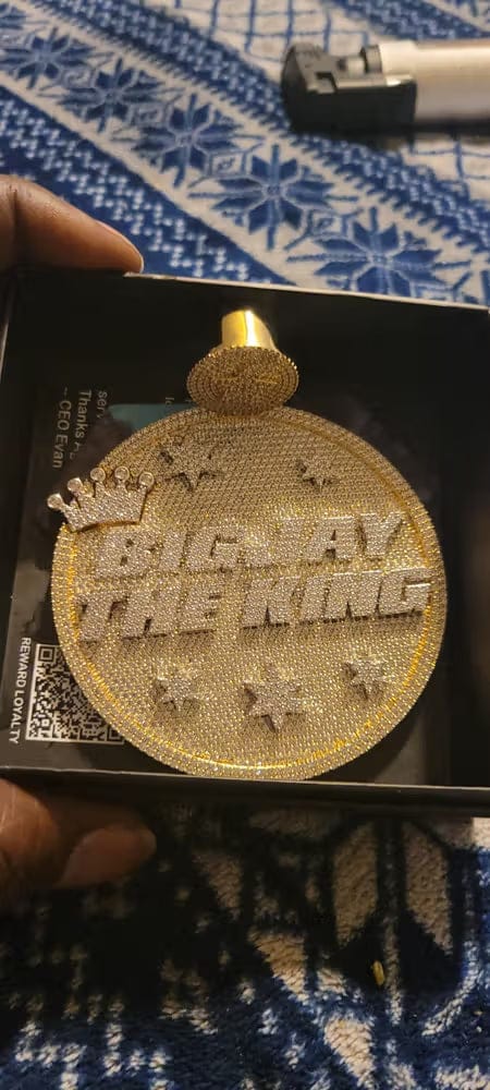 Customer photo review of Custom Large Round Full-Diamond 3D Letter & Crown Pendant - 80mm