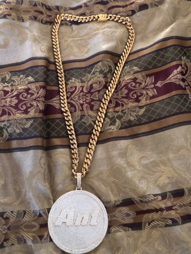 Customer photo review of Iced-Out Diamond Custom Letter 3D Large Disc Pendant – 80mm