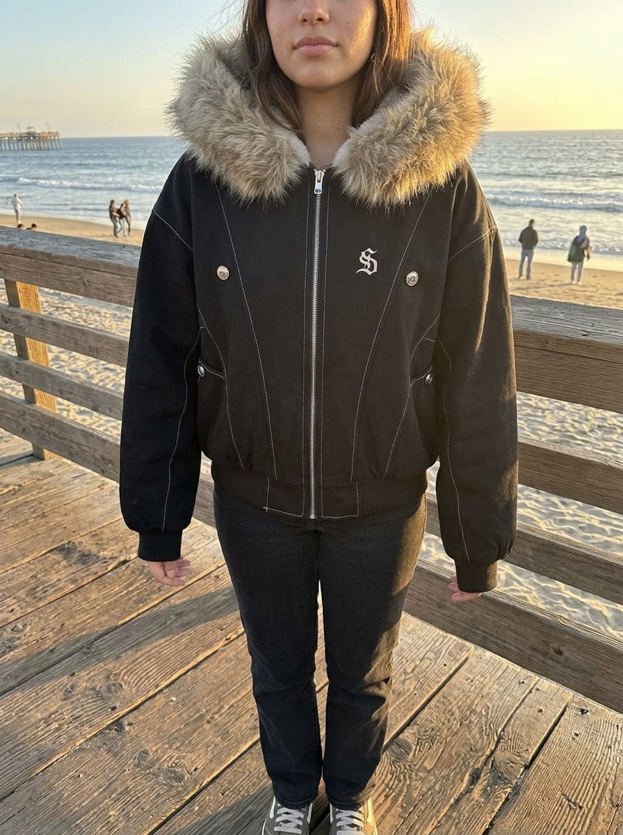Customer photo review of Faux Fur Lined Zip Up Winter Hooded Bomber Jacket - 2560